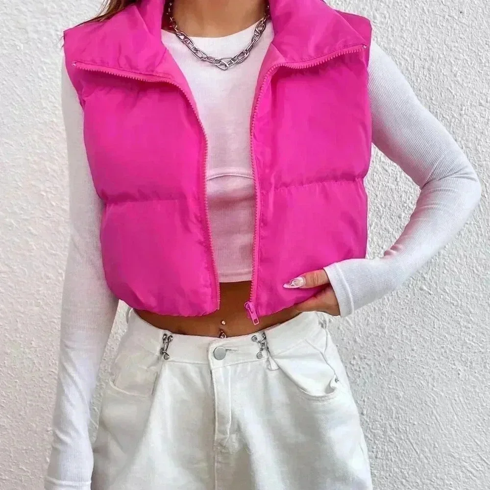 Hot Pink Casual Women's Y2k Zipper Front Vest Padded Coat